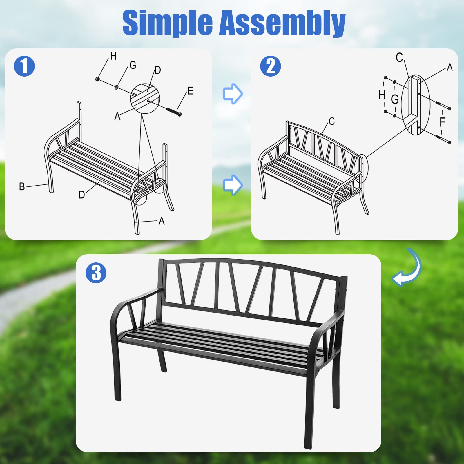 Giantex Garden Bench for Outside 50 Inch - Outdoor Bench with Metal Frame, Patio Metal Bench with Backrest, Armrests and Slatted Seat for Park, Porch, Backyard, 660 lbs Max Load, Black