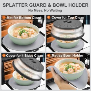 2 In 1, Microwave Cover For Food & Mat 10 Inch, Mat as Bowl Hugger, Cover as Splatter Guard, Collapsible Lid for Plate Dish Bowl, Multi-Purpose Silicone Mat&Colander Kitchen Gadget for Meal Prep, Grey