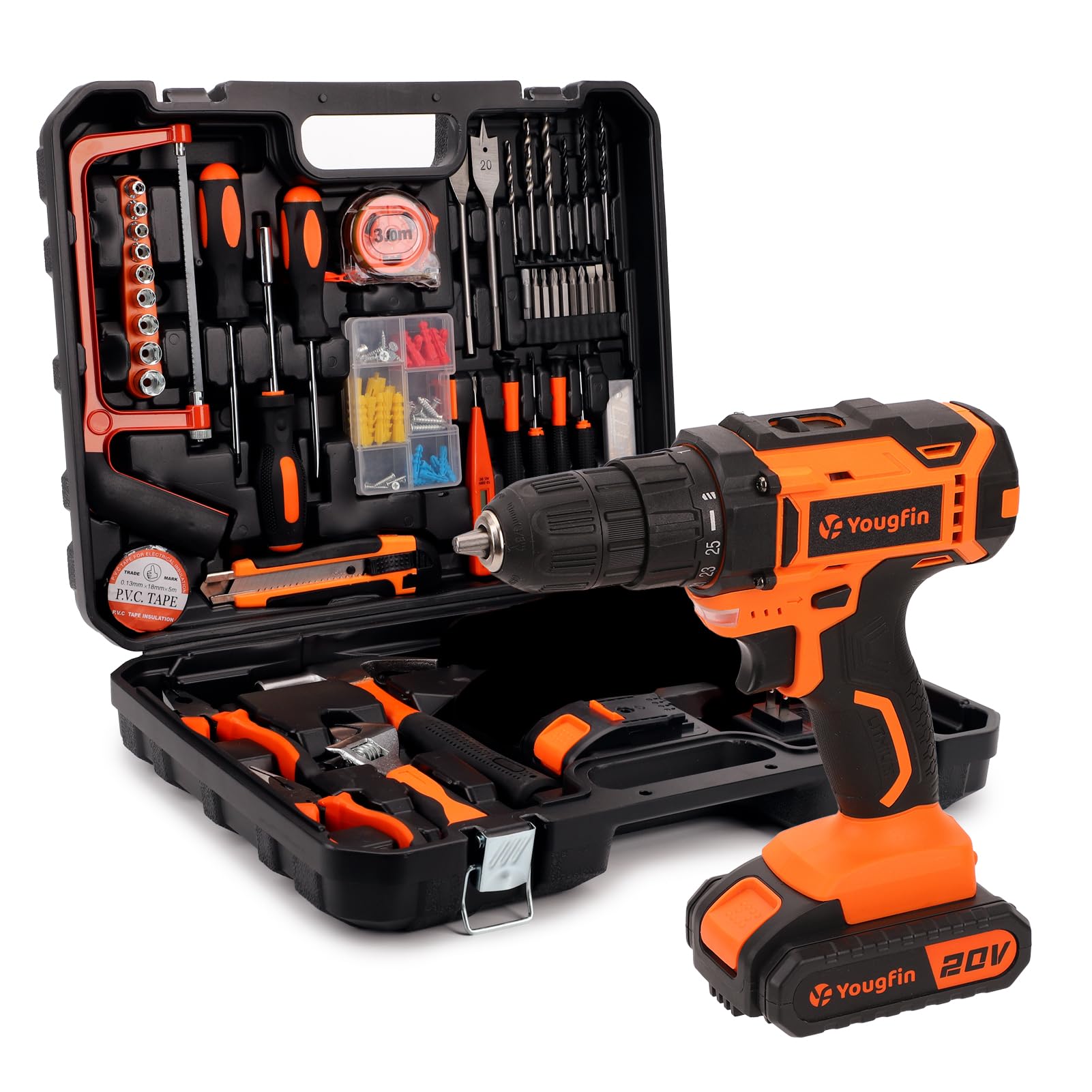 Yougfin Drill Sets Power Tool Combo Kit with 2 Batteries & Charger, 20V Battery Powered Cordless Drill Set with 114pcs Hand Tools, Tool Box with Electric Drill for Home