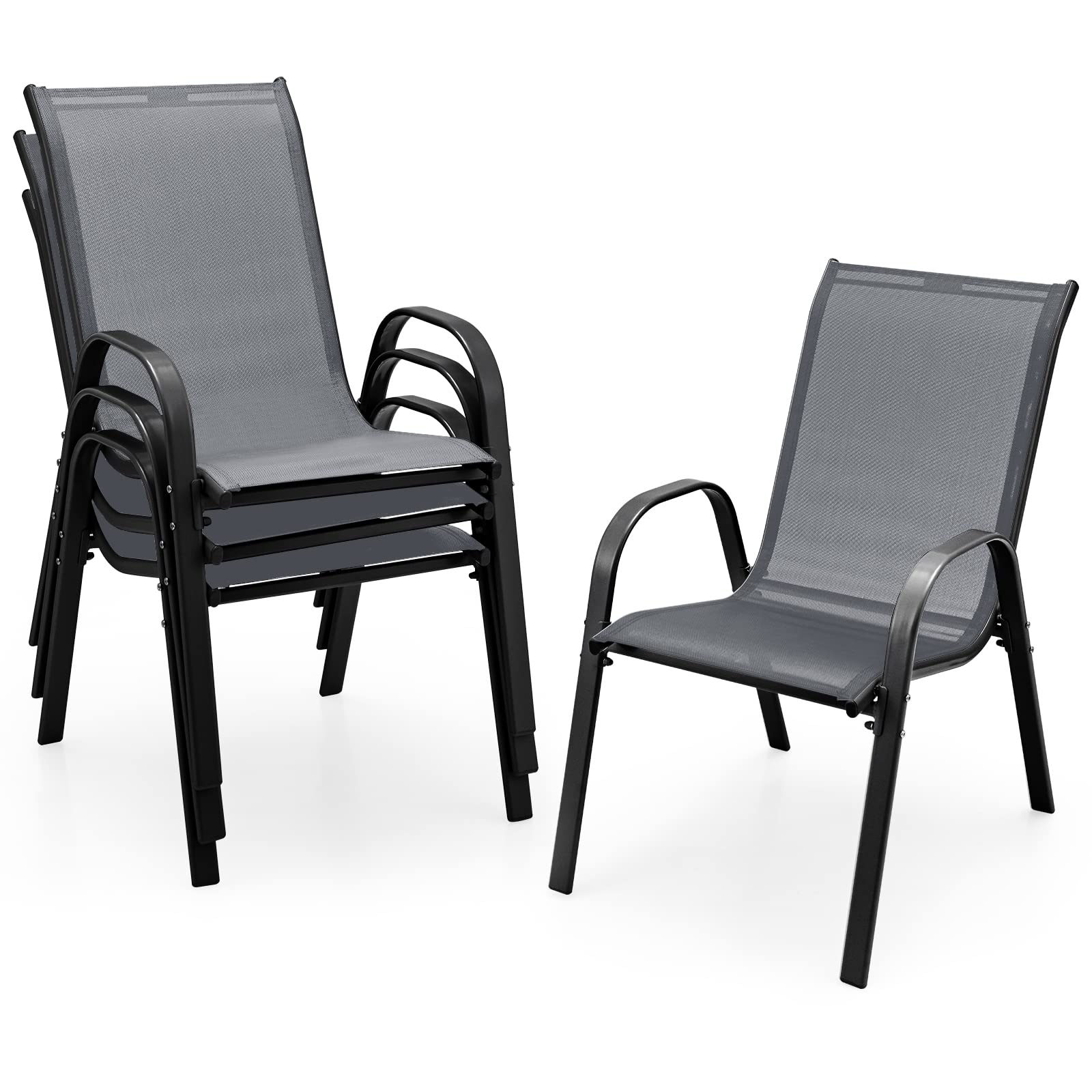 Giantex Set of 4 Patio Chairs, Outdoor Stackable Dining Chairs w/Armrests, 330 LBS Capacity, All Weather Fabric, Heavy Duty Rustproof Steel Frame, Lawn Chairs for Porch, Yard, Pool, Garden (Gray)