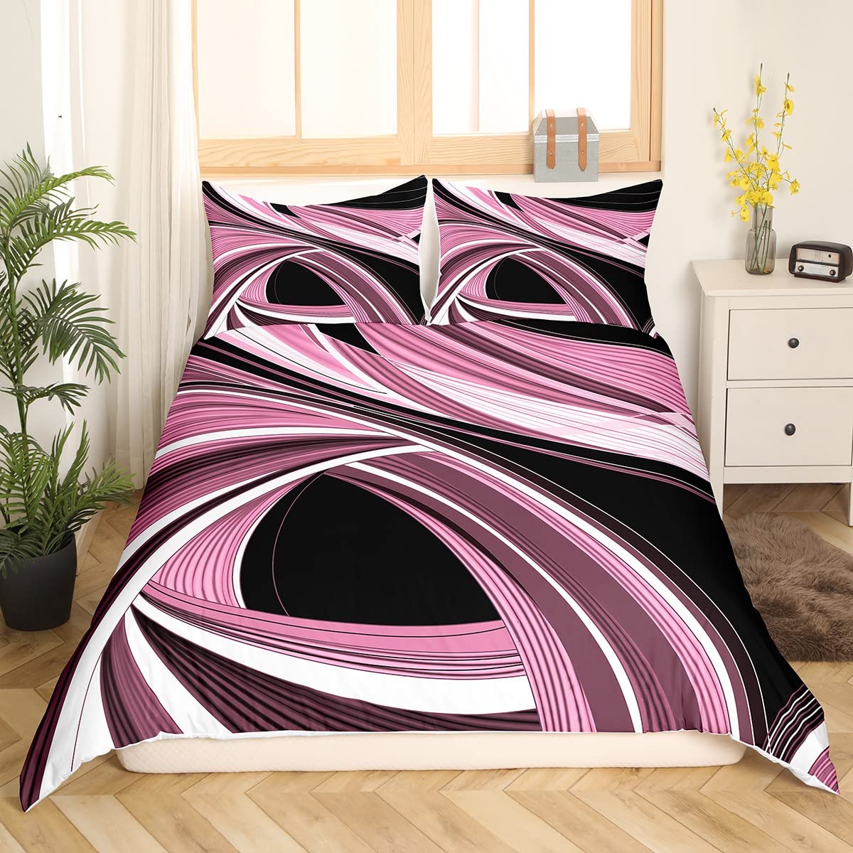 Black and Pink Duvet Cover Geometric Metal Art Bedding Set Retro Stripe Swirl Comforter Cover Retro Circle Geometry Bedspread Cover Full Size with 2 Pillow Case (No Comforter)