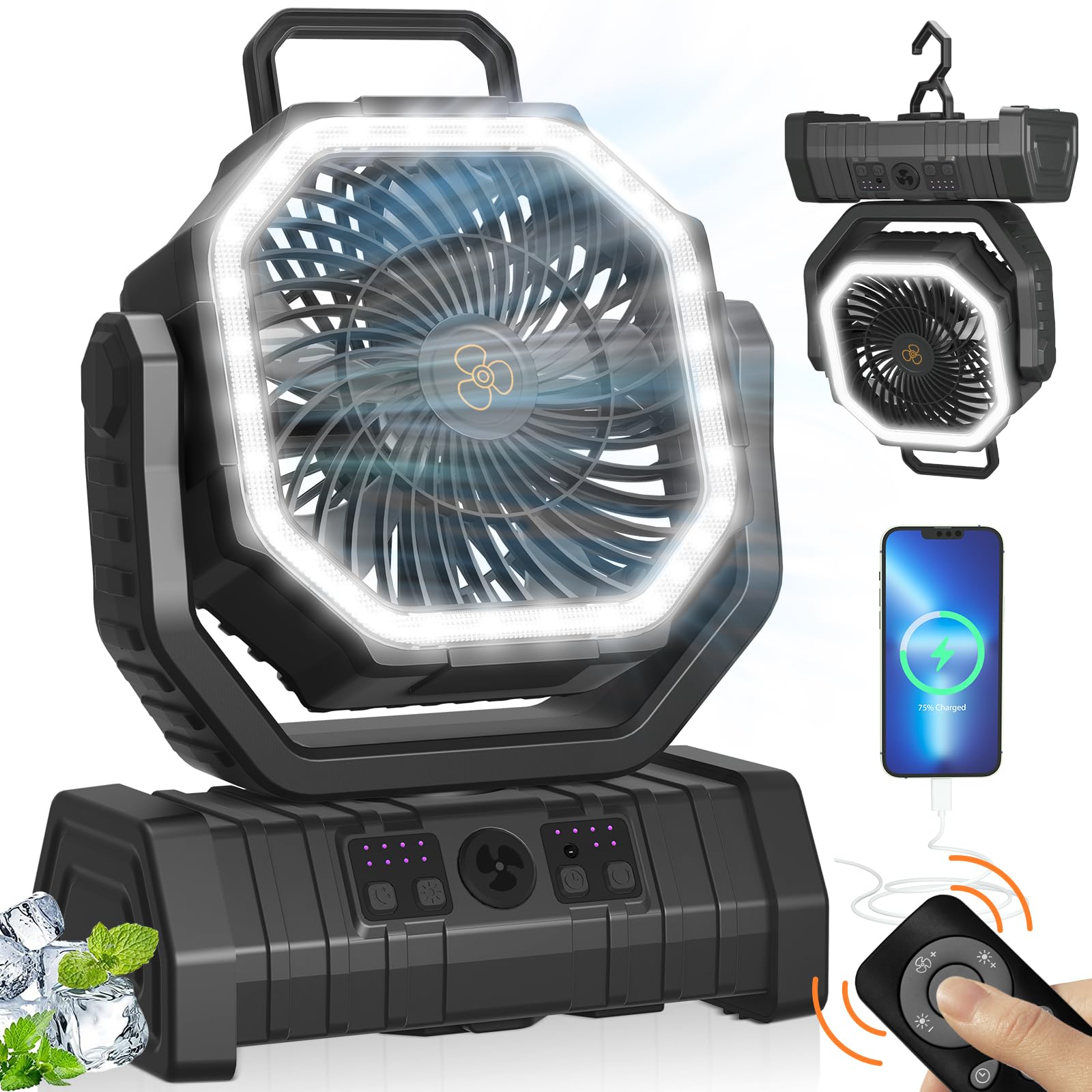 Portable Camping Fan Rechargeable with LED Lantern, 20000mAh Battery Powered Travel Fan with 1-8 Hour Timing Function, 270° Head Rotation, 4 Speeds Settings for Tents, Office, Desk, Camp and Fishing