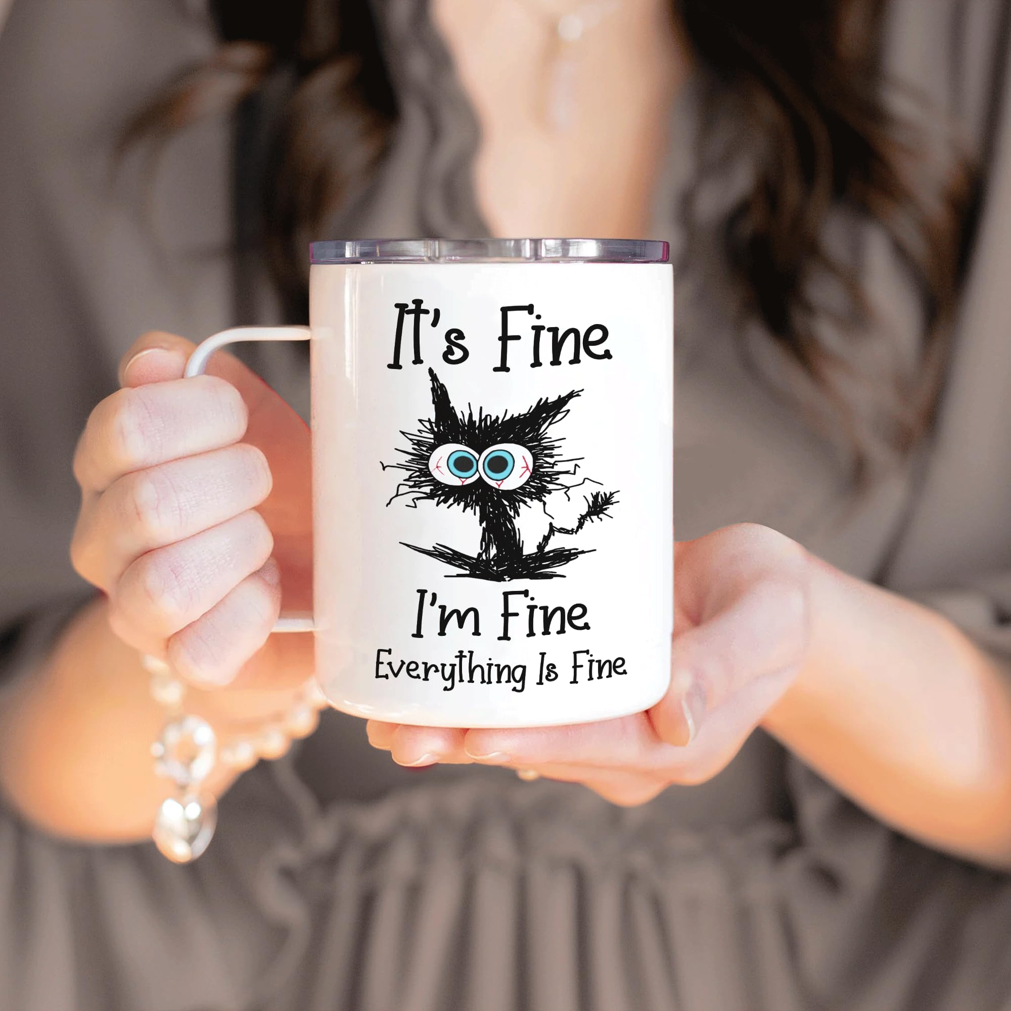 Hyturtle Funny Cat Gifts For Cat Lover, It's Fine I'm Fine Everything Is Fine Coffee Tumbler Cup Mug Stainless Steel 12oz, Cat Gifts For Women, Gift For Animal Lover On Birthday Christmas