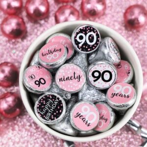 Pink, Black, and White 90th Birthday Party Favor Chocolate Kisses Candy Stickers - 180 Count, 90th Birthday Decorations for Women