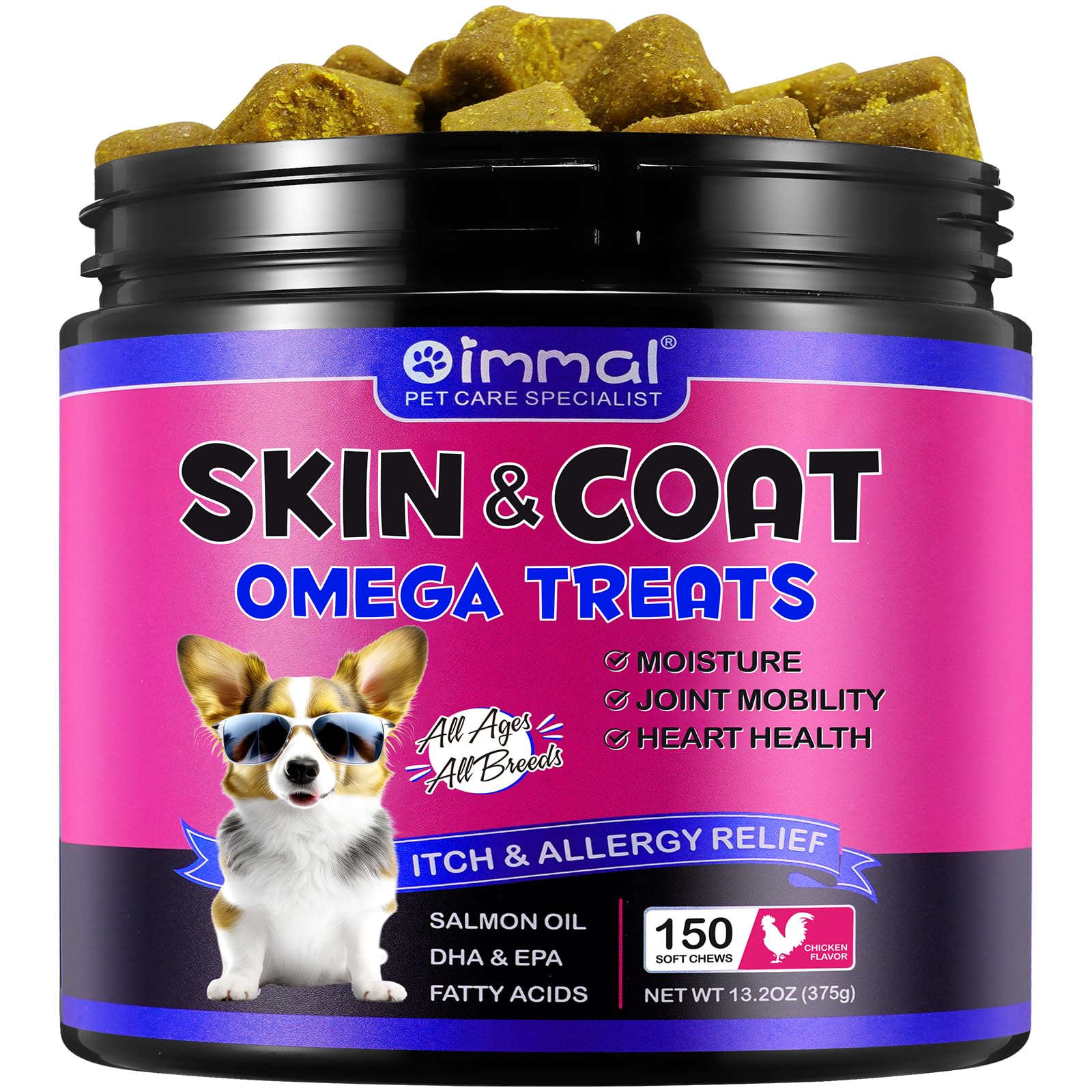 Omega Skin & Coat Soft Chew Supplements for Dogs, Skin Health Chews for Dogs, Allergy and Itch Relief - Skin and Coat Supplement, Reduce Shedding, Omega 3 Fish Oil, Healthy Soft Shiny Hair