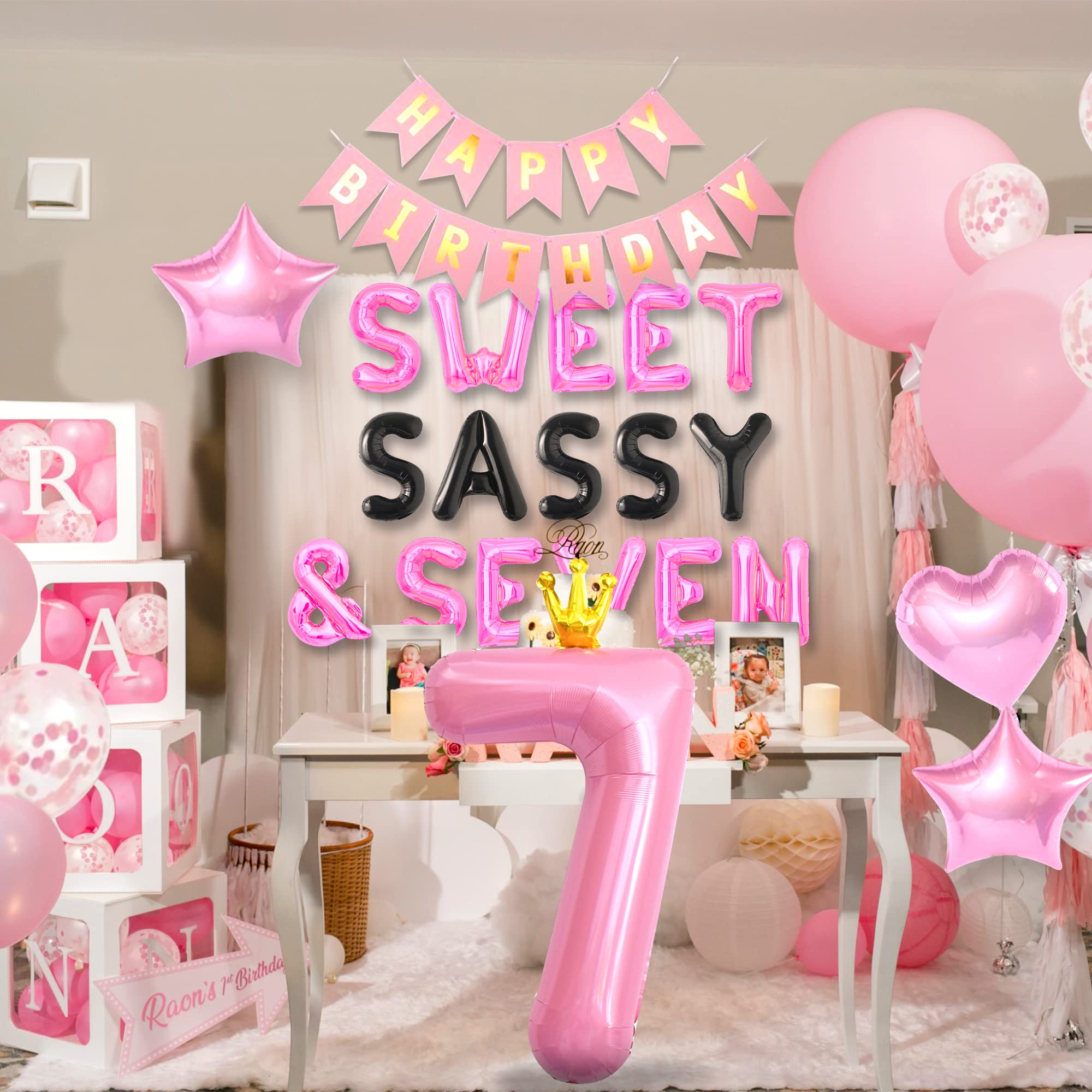 42 PCS Sweet Sassy & Seven Birthday Decoration Sweet Seven Birthday Balloons 7 Years Old Birthday Decoration Girls 7th Birthday Decoration