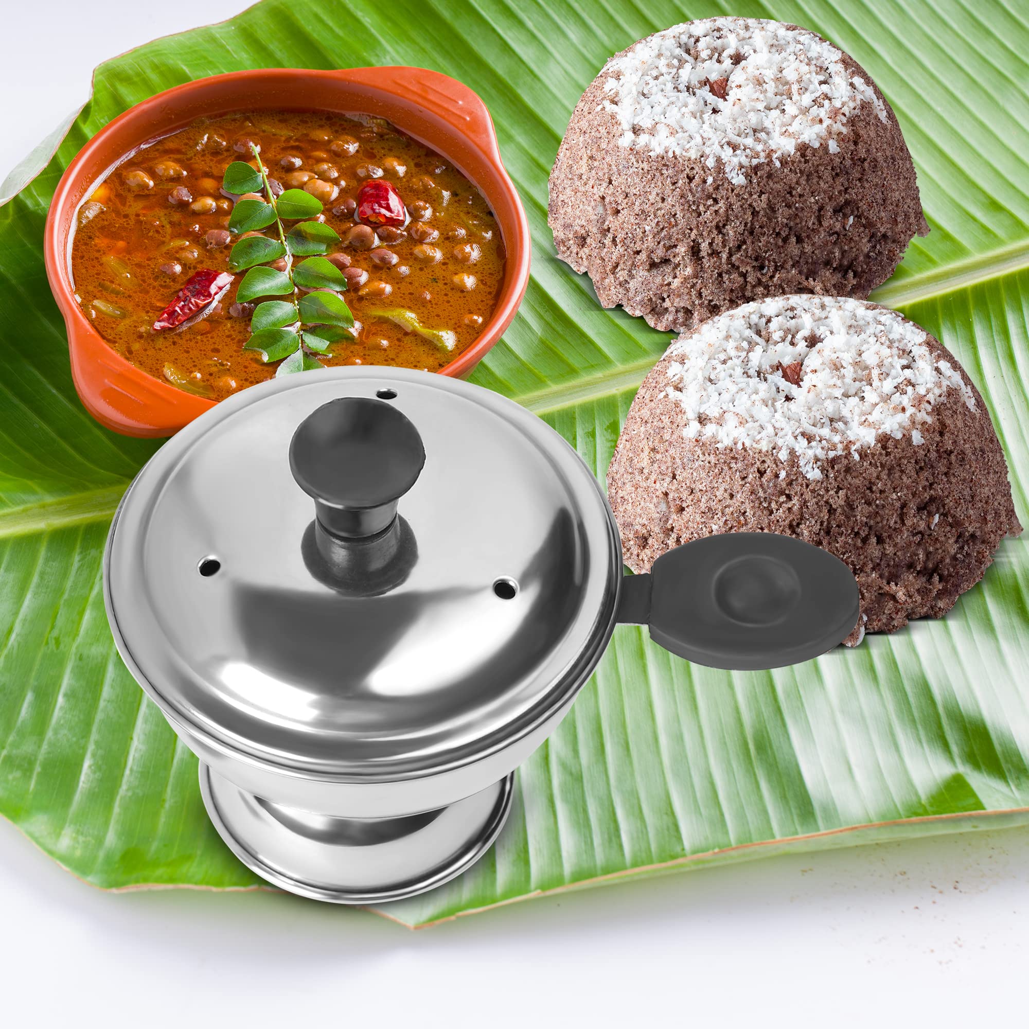 KSJONE Puttu Maker Stainless Steel, Stainless Steel Chiratta Puttu Maker, Chiratta Maker with Handle Use with Pressure Cooker Puttu Kutti Puttu Steamer Puttu Cooker Silver