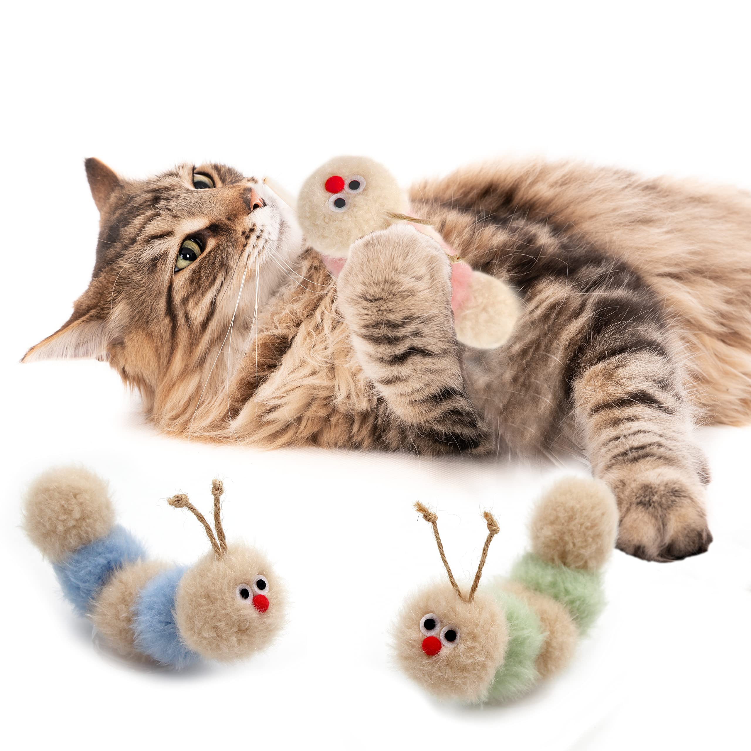 Jumpaws Interactive Natural 3 PK Catnip Toy, with Rattle, Bite Resistant, for All Ages Indoor Cat, Soft Caterpillar Toys, Fluffy Kitten Toy