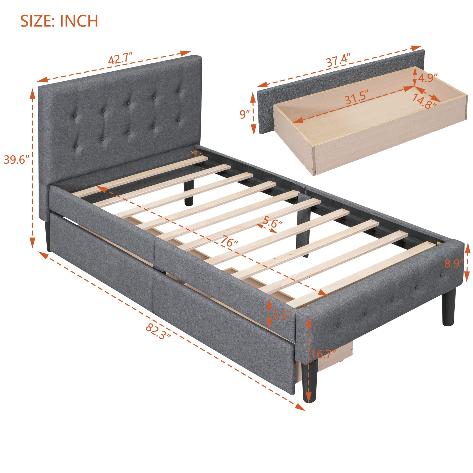 CITYLIGHT Twin Size Upholstered Platform Bed with Headboard and Two Drawers,Linen Wood Twin Bed Frames with Storage for Kids Teens,No Box Spring Needed,Gray