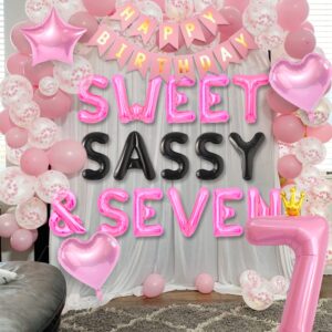 42 PCS Sweet Sassy & Seven Birthday Decoration Sweet Seven Birthday Balloons 7 Years Old Birthday Decoration Girls 7th Birthday Decoration