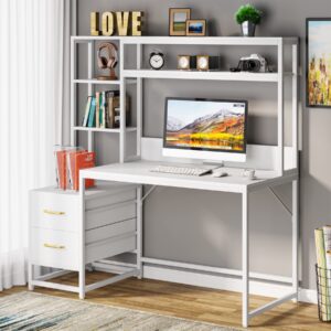 Tribesigns 55 Inch Computer Desk with 2 Drawers and Storage Shelves, White Office Desk with Hutch, Modern Study Writing Gaming Table Laptop Workstation for Home Office (White)