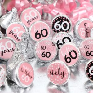 Pink, Black, and White 60th Birthday Party Favor Stickers, Kisses Candy Labels - 180 Count, 60th Birthday Decorations for Women