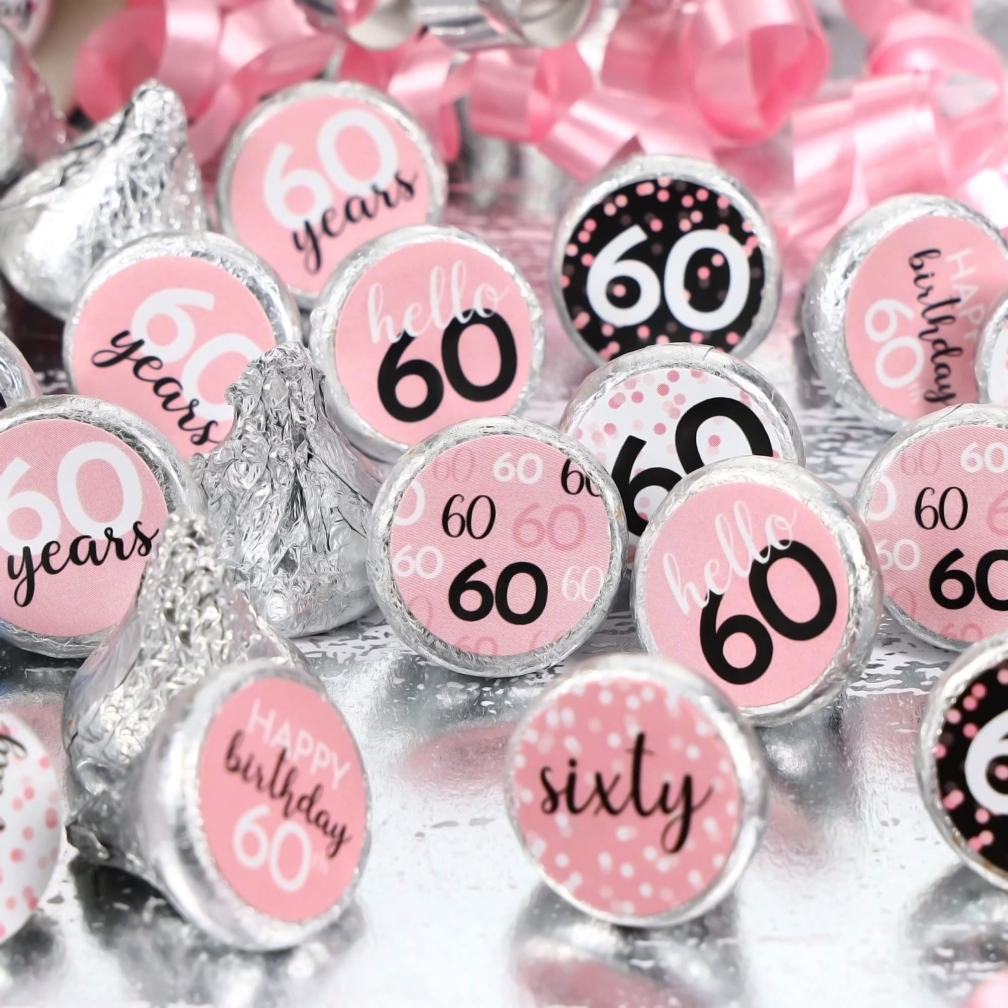 Pink, Black, and White 60th Birthday Party Favor Stickers, Kisses Candy Labels - 180 Count, 60th Birthday Decorations for Women