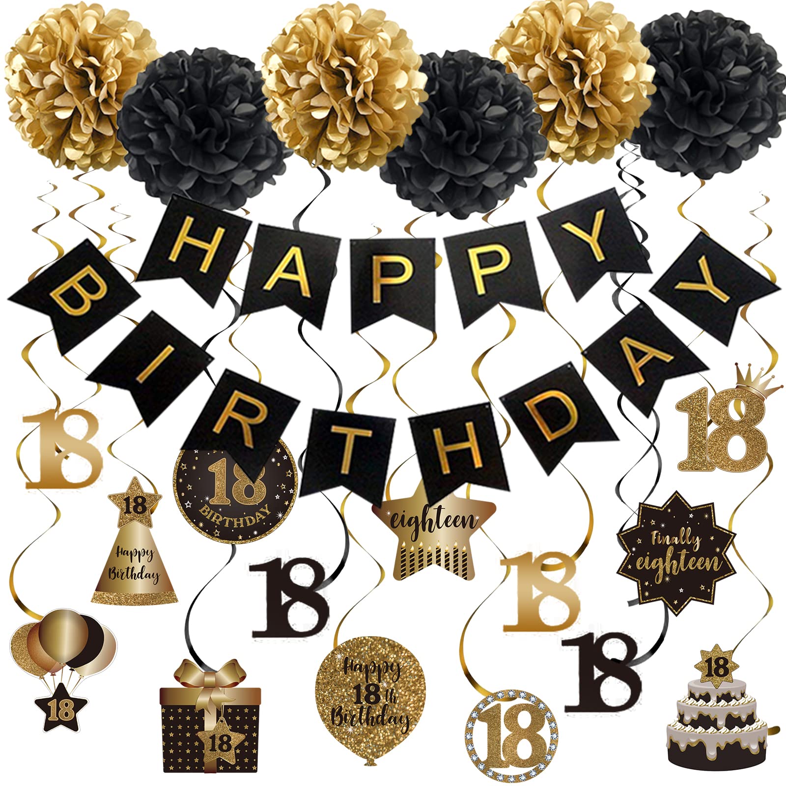 BRT Bearingshui Happy 18th Birthday Hanging Swirls Streamers Decoration, Happy Birthday Banner with Tissue Pompoms, Black and Gold 18 Years Old Birthday Party Hanging Backdrop Decorations