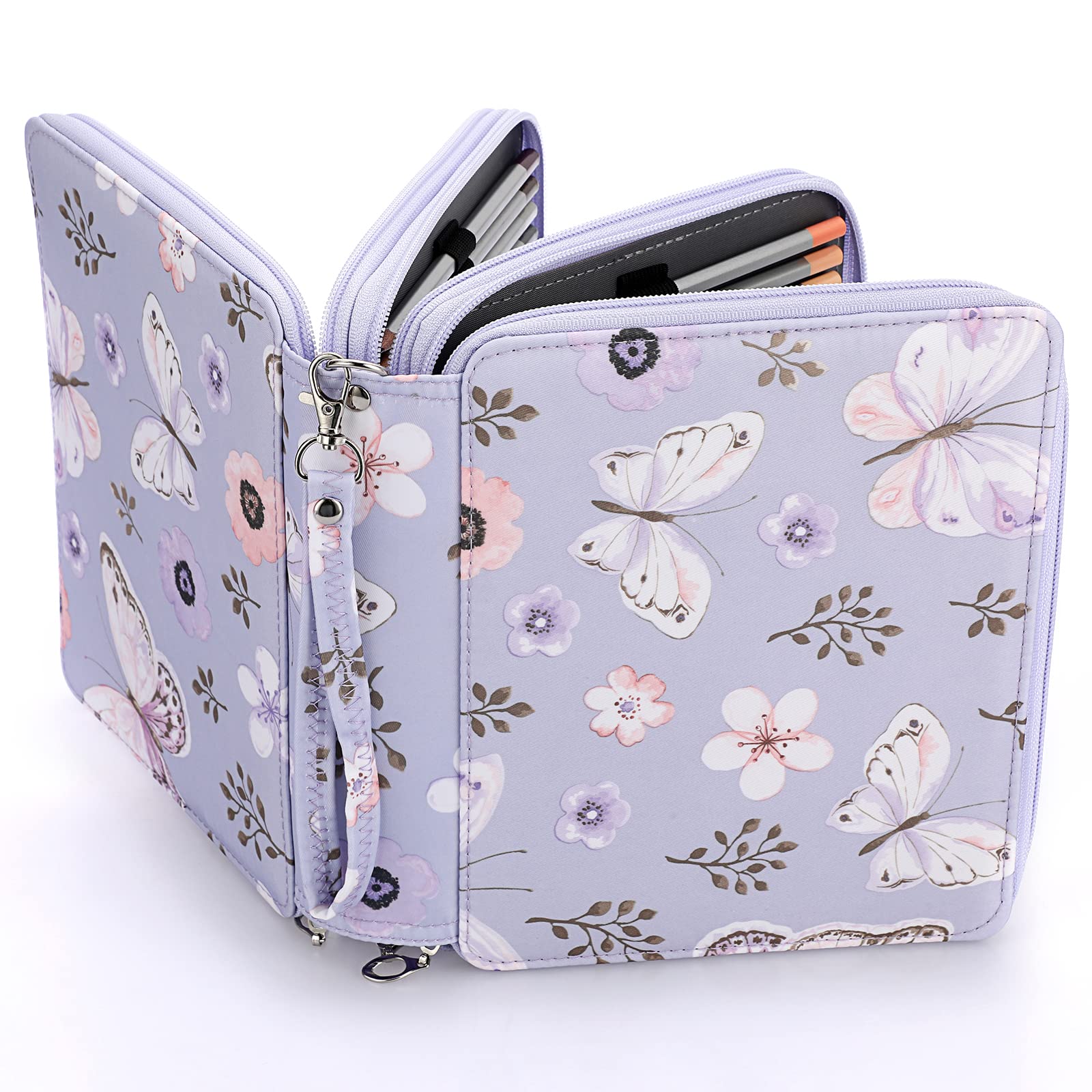 BTSKY Colored Pencil Case- 120 Slots Pencil Holder Large Capacity Pencil Organizer with Handle Strap Handy Colored Pencil Box with Printing Pattern (Purple Butterfly)