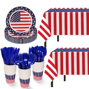 patriotic party supplies,152pcs american flag themed party set, patriotic party decorations, american flag tablecloths,4th of july plates cups, red white and blue decor for outside, picnic, memorial