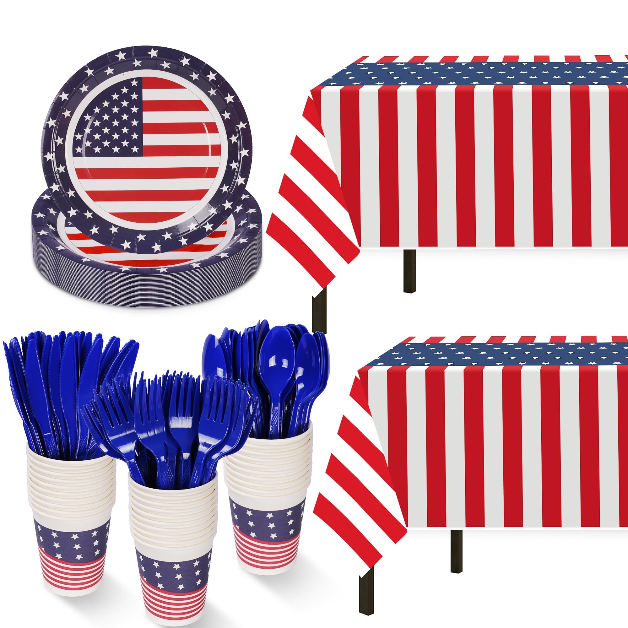 Patriotic Party Supplies,152Pcs American Flag Themed Party Set, Patriotic Party Decorations, American Flag Tablecloths,4th of July Plates Cups, Red White and Blue Decor for Outside, Picnic, Memorial