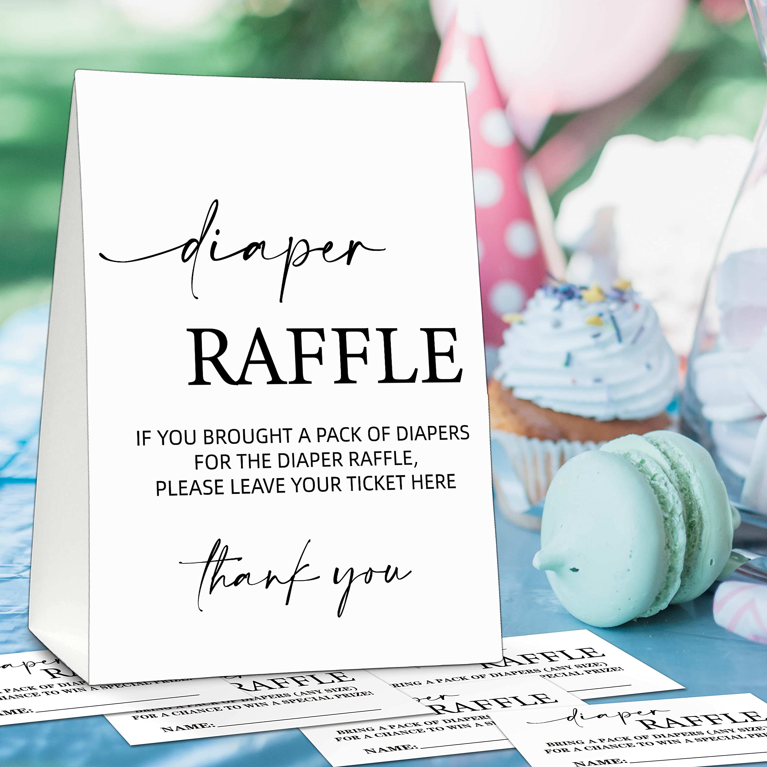 Baby Shower Game Card Set, Diaper Raffle Tickets and Sign, Modern Black and White 1 Sign and 50 Cards, Minimalist Boy Girl Gender Neutral Baby Shower Supplies-B01