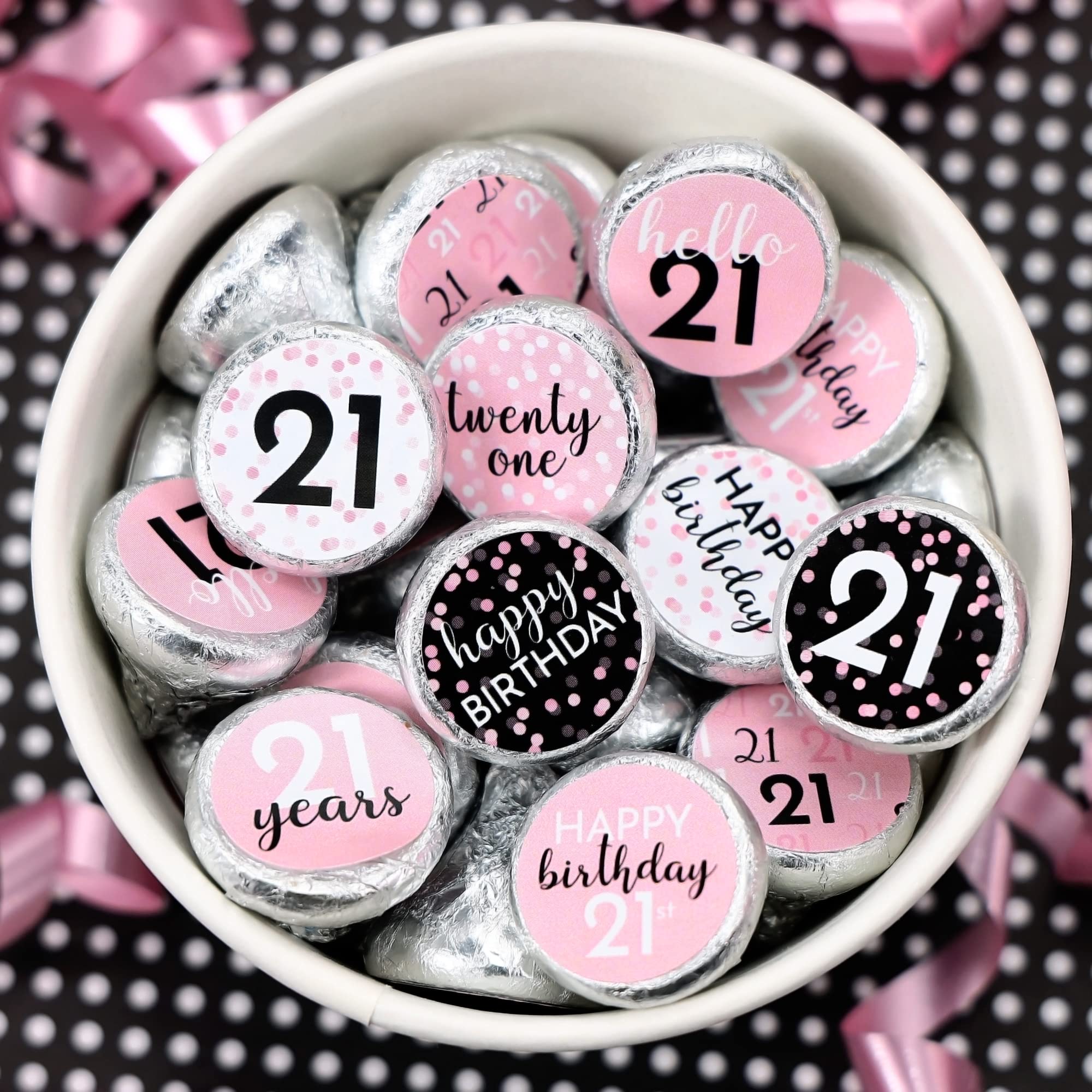 Pink, Black, and White 21st Birthday Party Favor Chocolate Kisses Candy Stickers -180 Count