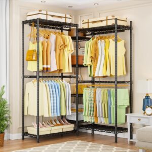 Ulif E4 Clothes Rack, Heavy-Duty Garment Rack, Metal Freestanding Clothing Organization Storage System Can Be L-Shaped with Shelves and Hangers, Max Load 920lbs, 71.6" W x 14.5" D x 79.3" H, Black