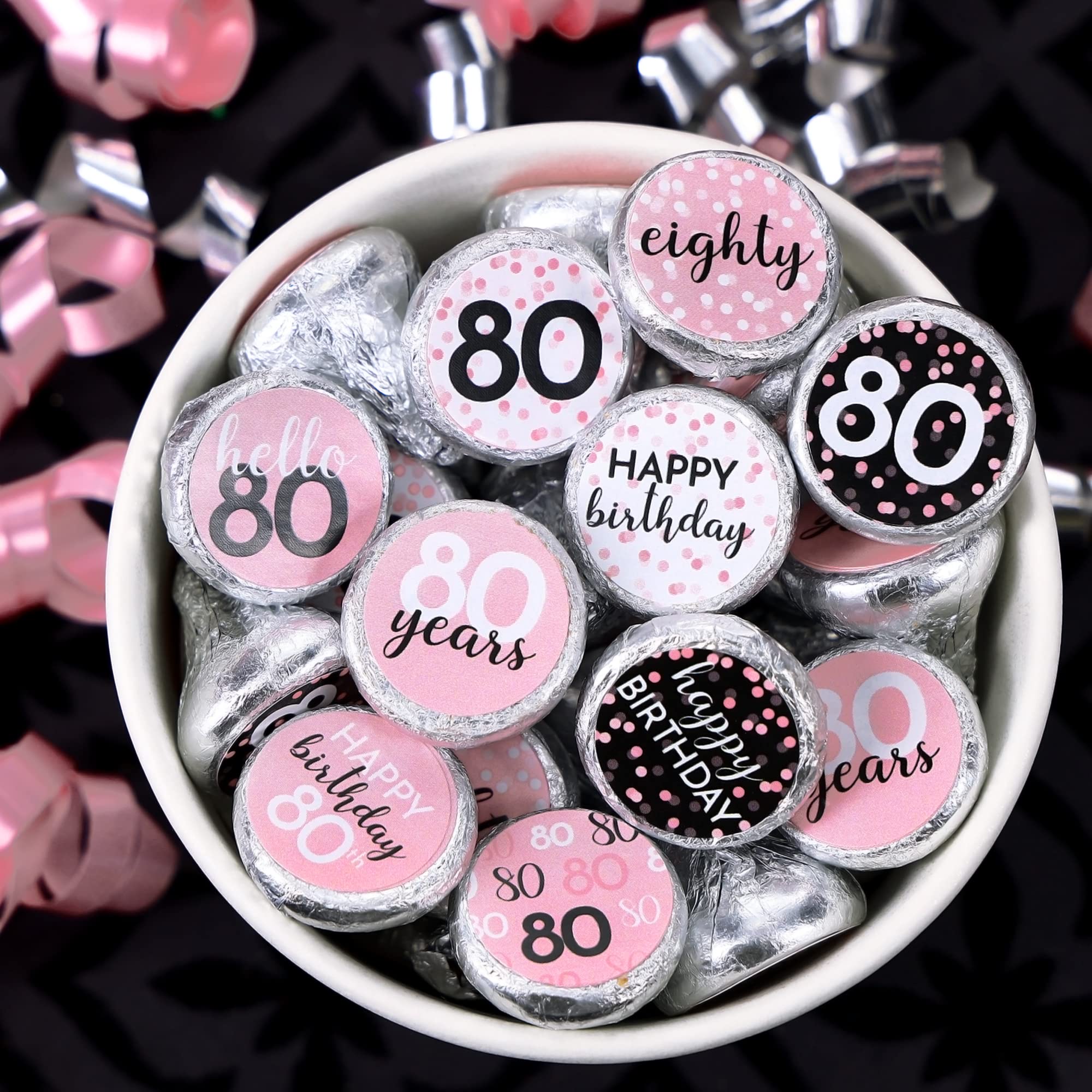 Pink, Black, and White 80th Birthday Party Favor Stickers, Chocolate Kisses Candy Stickers- 180 Count