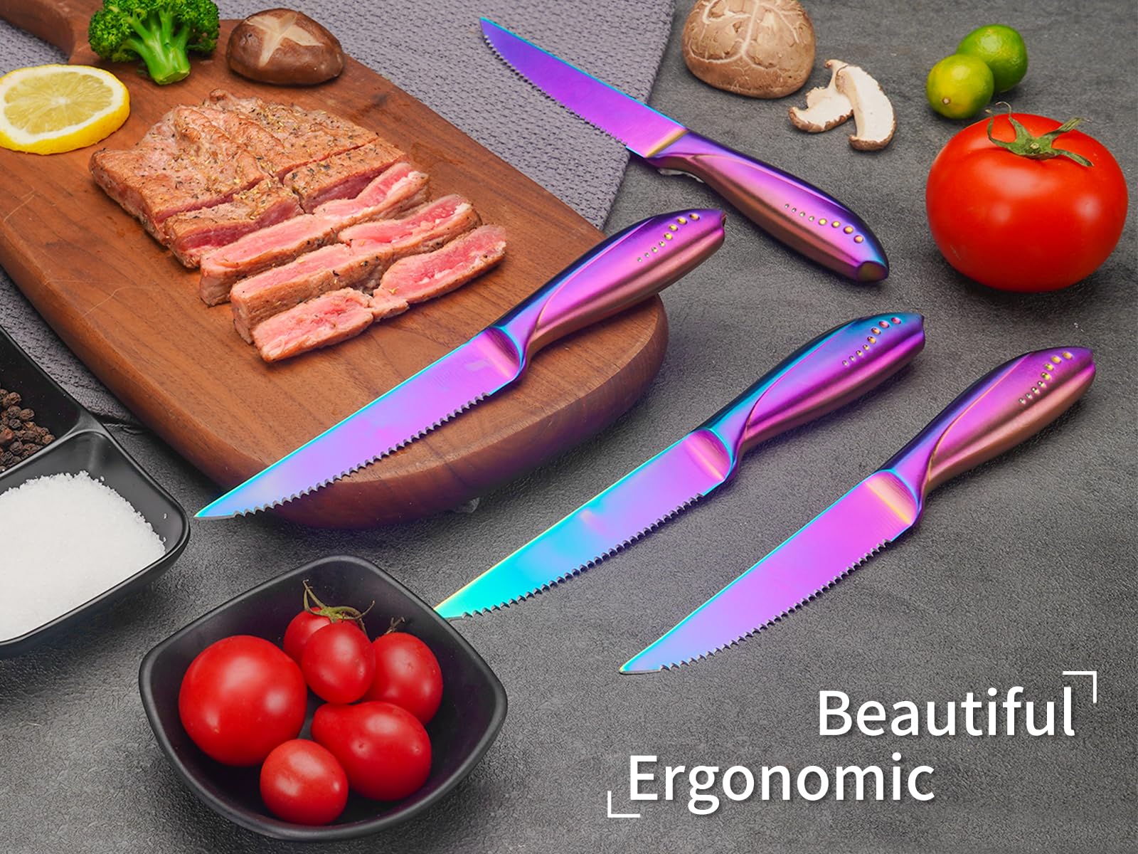 Rainbow Serrated Steak Knife 4 Piece Set, German High Carton Stainless Steel Blade for Home Restaurant