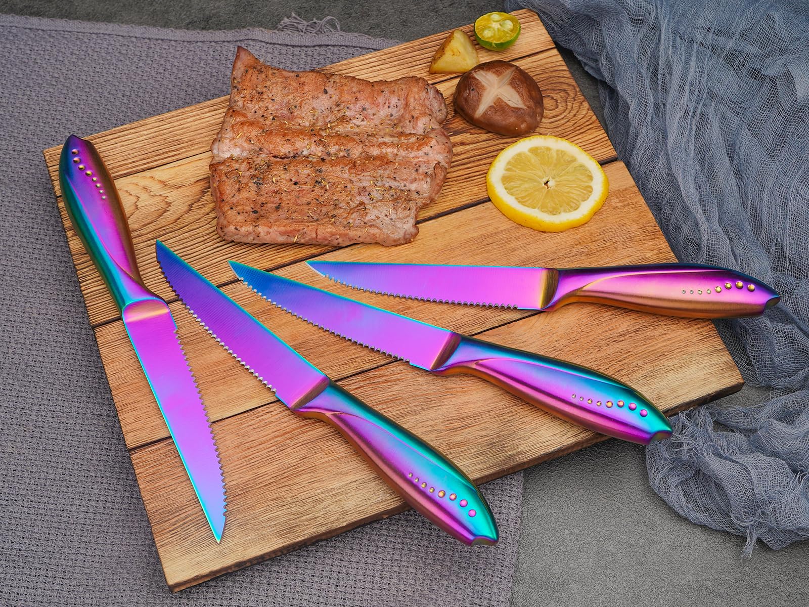 Rainbow Serrated Steak Knife 4 Piece Set, German High Carton Stainless Steel Blade for Home Restaurant