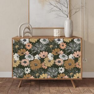 Akywall Vintage Green Floral Wallpaper Peel and Stick Textured Boho Flower Contact Paper Retro Self Adhesive Removable Vinyl Roll Daisy Leaf Mural Forest Green/Brown/White 17.3 x 78.7in