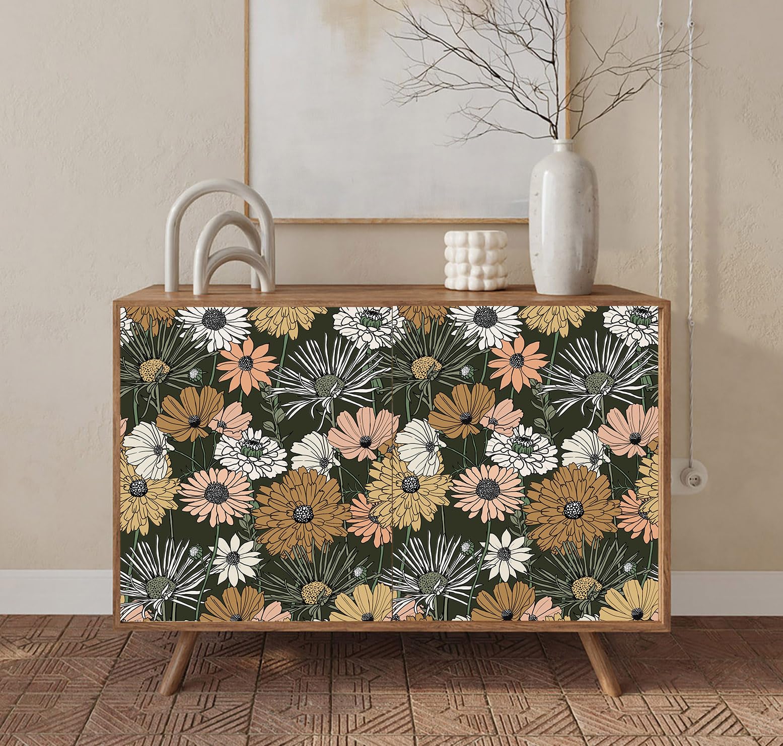 Akywall Vintage Green Floral Wallpaper Peel and Stick Textured Boho Flower Contact Paper Retro Self Adhesive Removable Vinyl Roll Daisy Leaf Mural Forest Green/Brown/White 17.3 x 78.7in