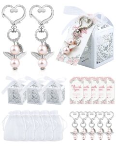 yetoome 100 pcs baby shower favors for girls, angel keychains favor baptism favor boxes white organza bags with drawstring thank you tags for baby shower baptism party gift, 25 sets (pink)