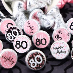 Pink, Black, and White 80th Birthday Party Favor Stickers, Chocolate Kisses Candy Stickers- 180 Count