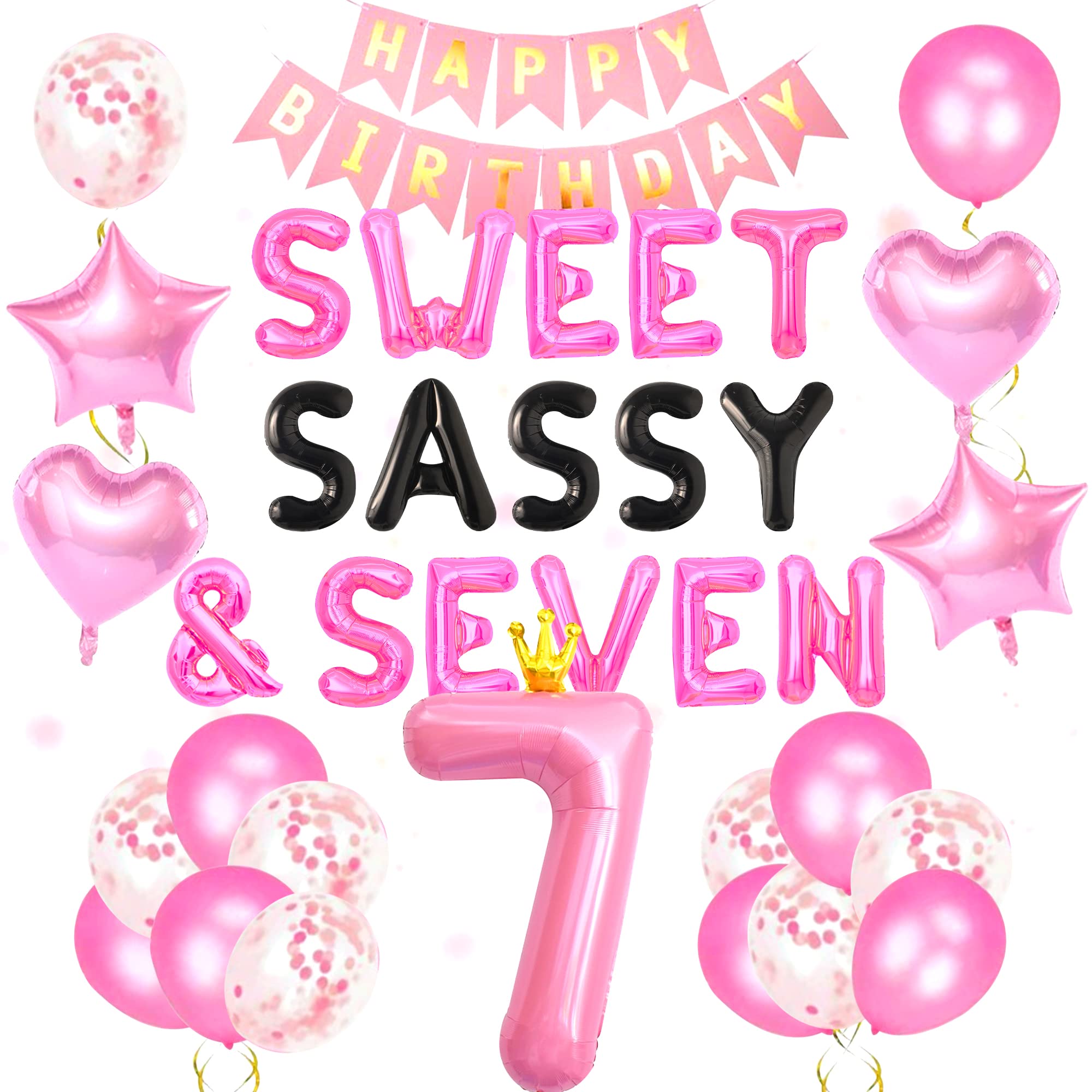 42 PCS Sweet Sassy & Seven Birthday Decoration Sweet Seven Birthday Balloons 7 Years Old Birthday Decoration Girls 7th Birthday Decoration