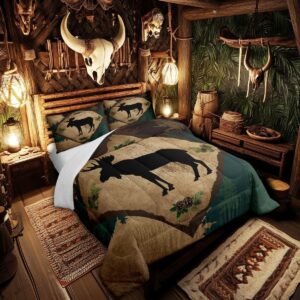 Homewish Lodge Cabin Comforter Set King Size 3 Pcs Wild Deer Antlers Outdoor Animal Comforter for Kids Teens Adults Pine Trees Retro Grid Rustic Style Bedding Set with 2 Pillowcases+1 Comforter