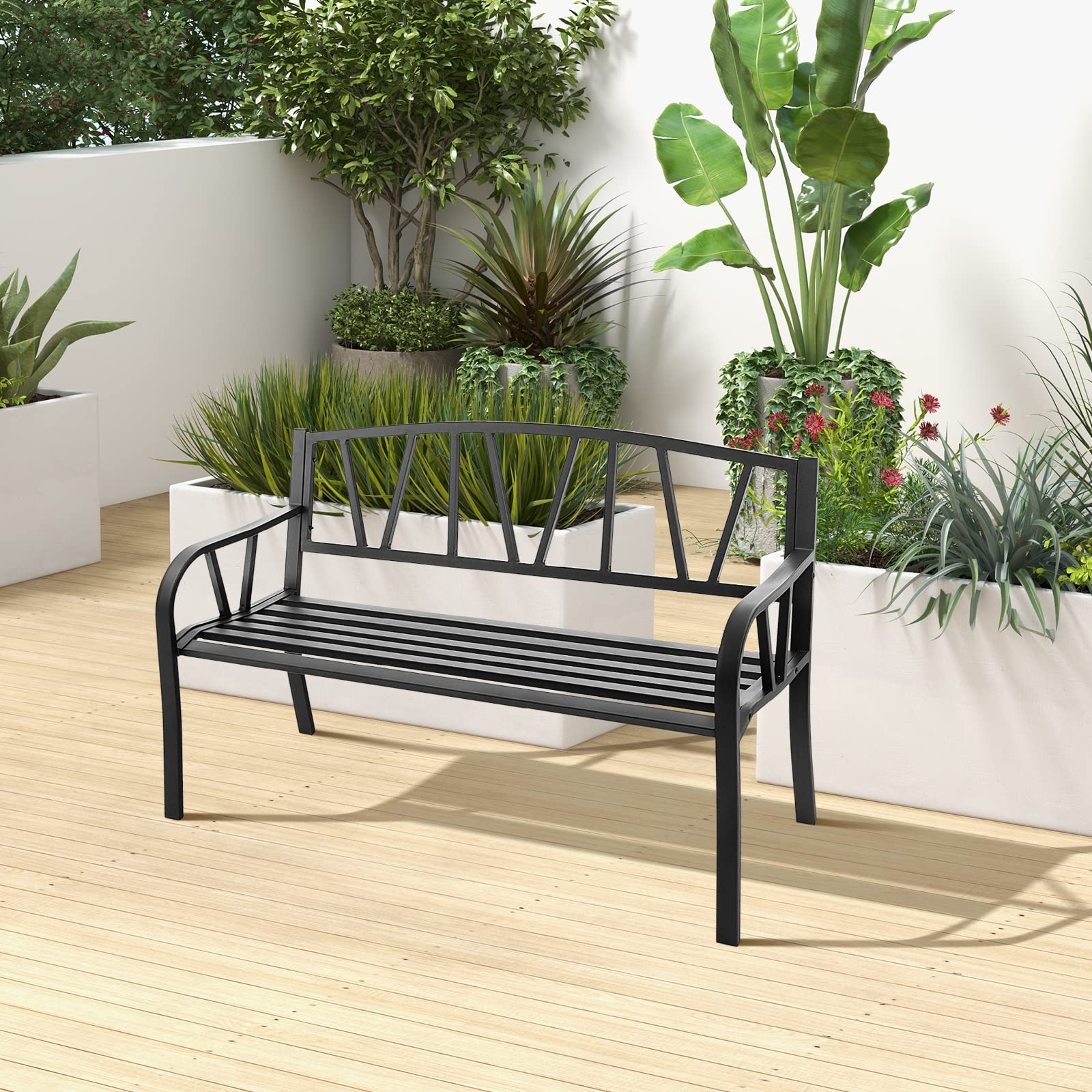 Giantex Garden Bench for Outside 50 Inch - Outdoor Bench with Metal Frame, Patio Metal Bench with Backrest, Armrests and Slatted Seat for Park, Porch, Backyard, 660 lbs Max Load, Black