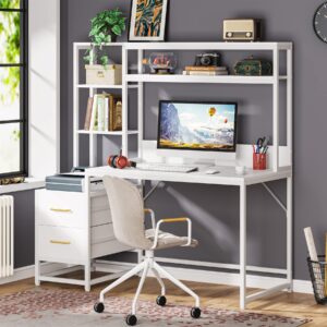 Tribesigns 55 Inch Computer Desk with 2 Drawers and Storage Shelves, White Office Desk with Hutch, Modern Study Writing Gaming Table Laptop Workstation for Home Office (White)