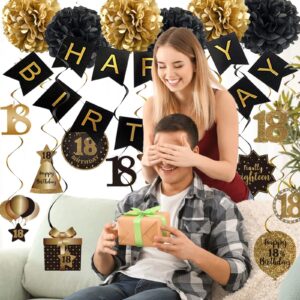 BRT Bearingshui Happy 18th Birthday Hanging Swirls Streamers Decoration, Happy Birthday Banner with Tissue Pompoms, Black and Gold 18 Years Old Birthday Party Hanging Backdrop Decorations