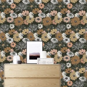 Akywall Vintage Green Floral Wallpaper Peel and Stick Textured Boho Flower Contact Paper Retro Self Adhesive Removable Vinyl Roll Daisy Leaf Mural Forest Green/Brown/White 17.3 x 78.7in