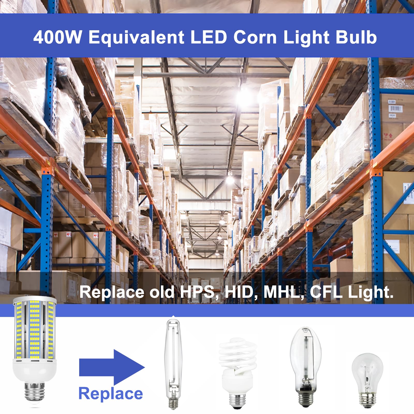 2 Pack 400W Equivalent Led Corn Light Bulb, 6000 Lumen 6000K Daylight 50W LED Corn Lamp, E26/E27 Medium Base for Indoor Garage Factory Warehouse Backyard 85V-265V