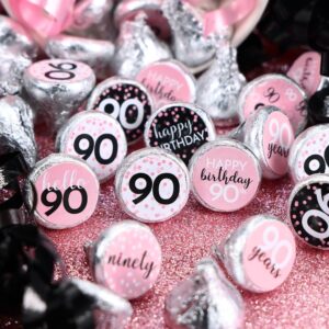 Pink, Black, and White 90th Birthday Party Favor Chocolate Kisses Candy Stickers - 180 Count, 90th Birthday Decorations for Women