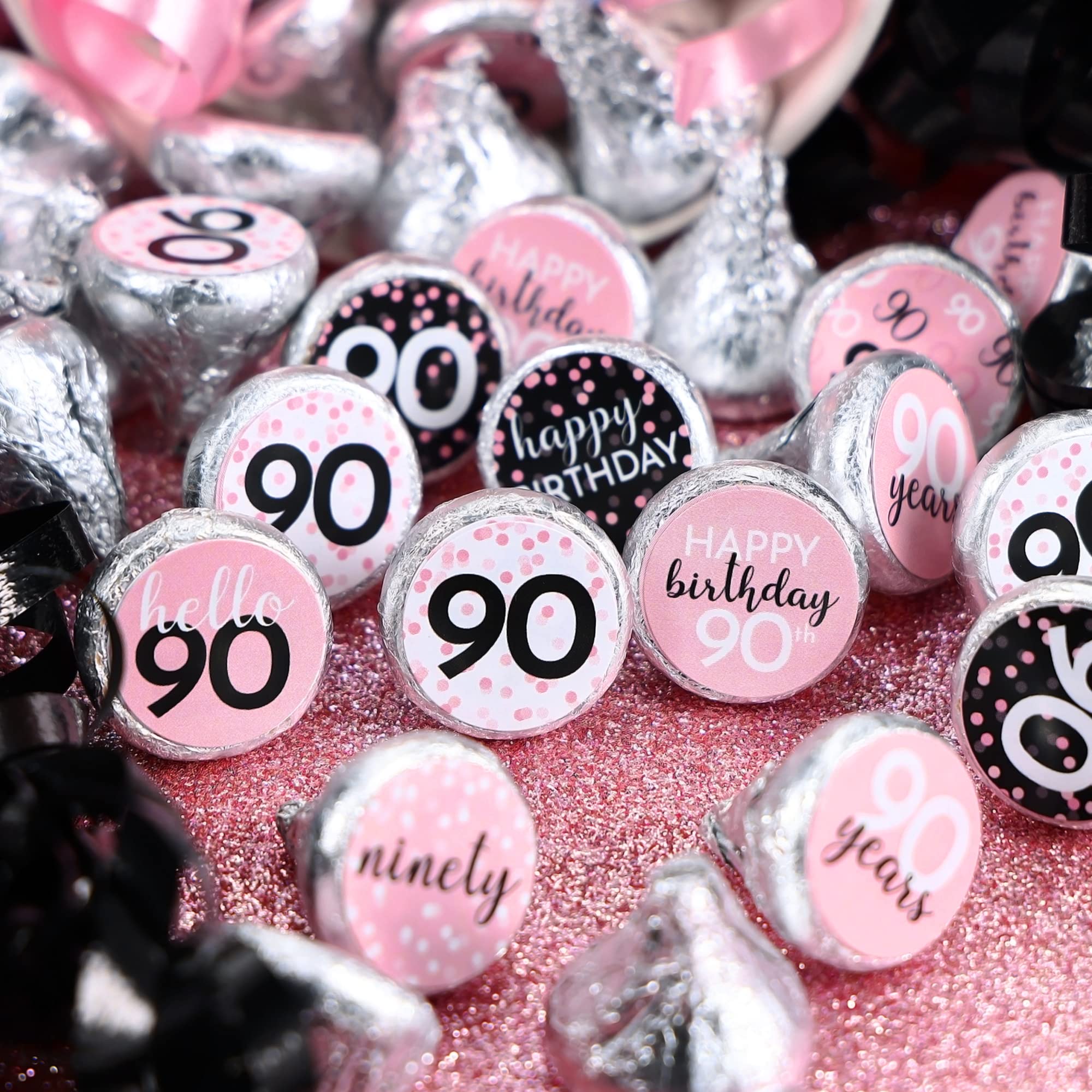 Pink, Black, and White 90th Birthday Party Favor Chocolate Kisses Candy Stickers - 180 Count, 90th Birthday Decorations for Women