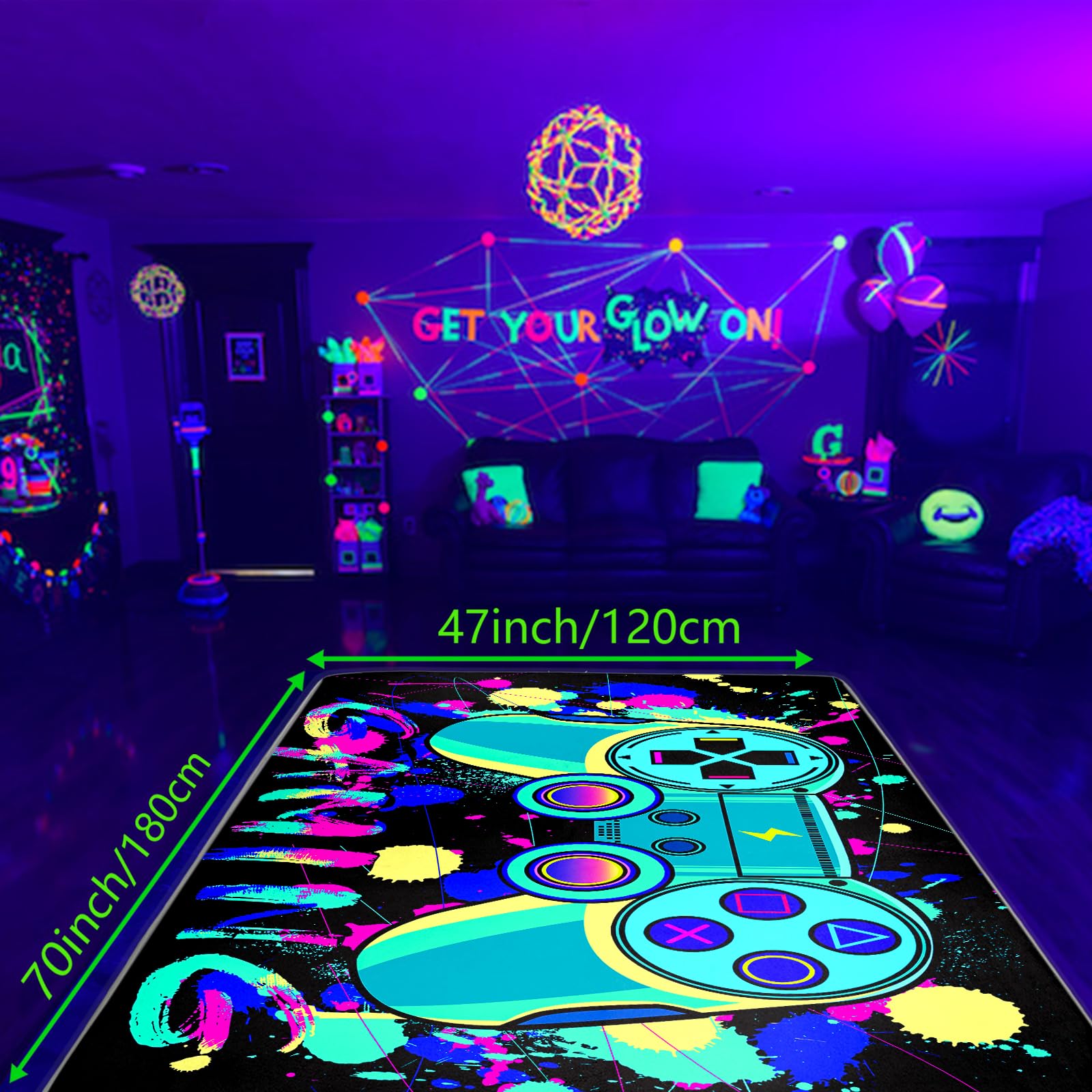 SEBKQ Blacklight Gaming Area Rug, UV Reactive 3D Game Controller Rug, Large Non-Slip Carpet for Boy and Girl Game Room Decor, 70in×47in×0.39in