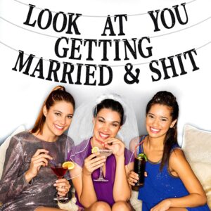 Look at You Getting Married Banner, Black Glitter Backdrop for Wedding Engagement Bridal Shower Party Decorations Supplies