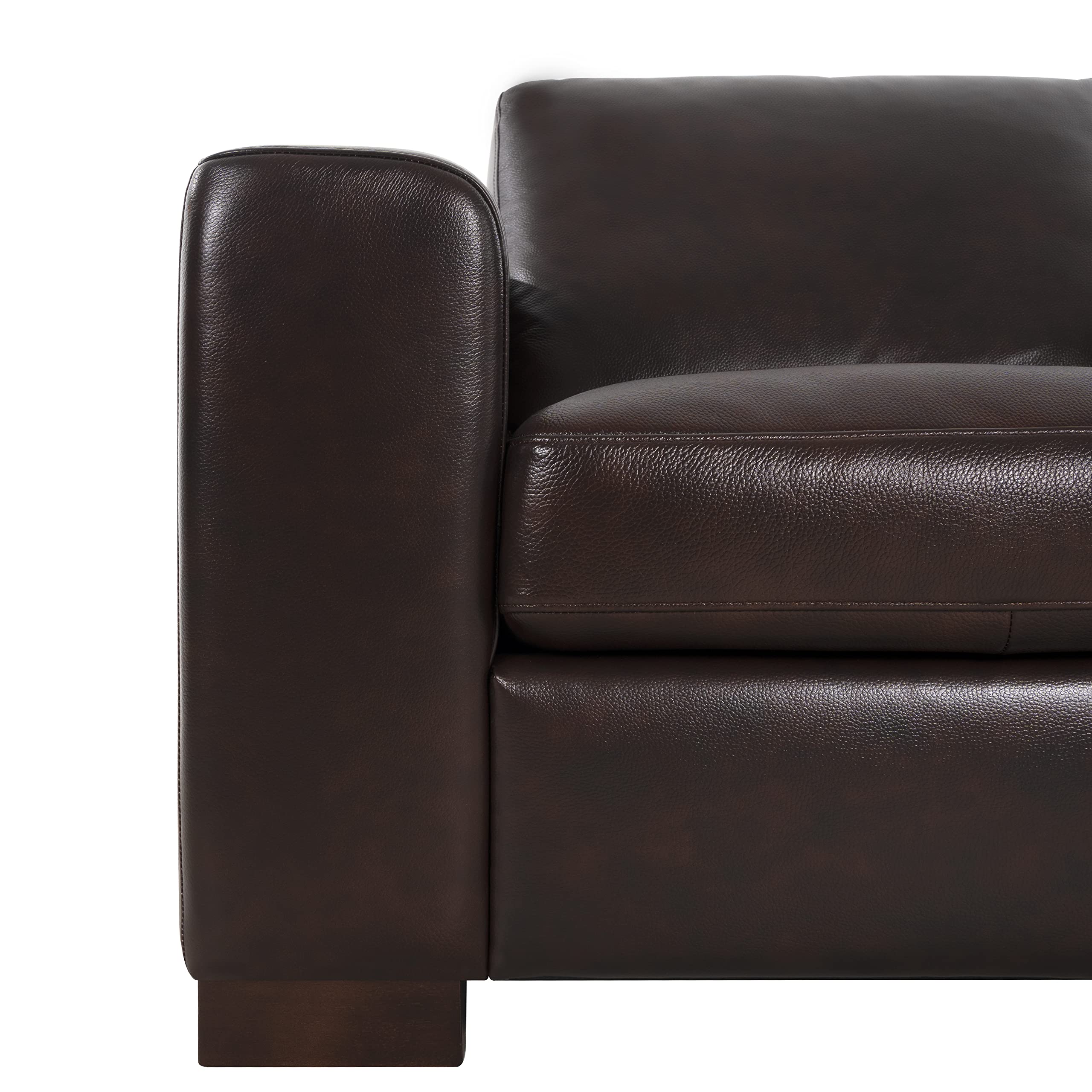 Naomi Home Freya Genuine Leather Sofa - Luxurious Comfort, Goose Feather Cushion Filling, Square Arm Design, Sturdy Block Legs, Elegant Espresso - Ideal for Living Room, Office, or Bedroom