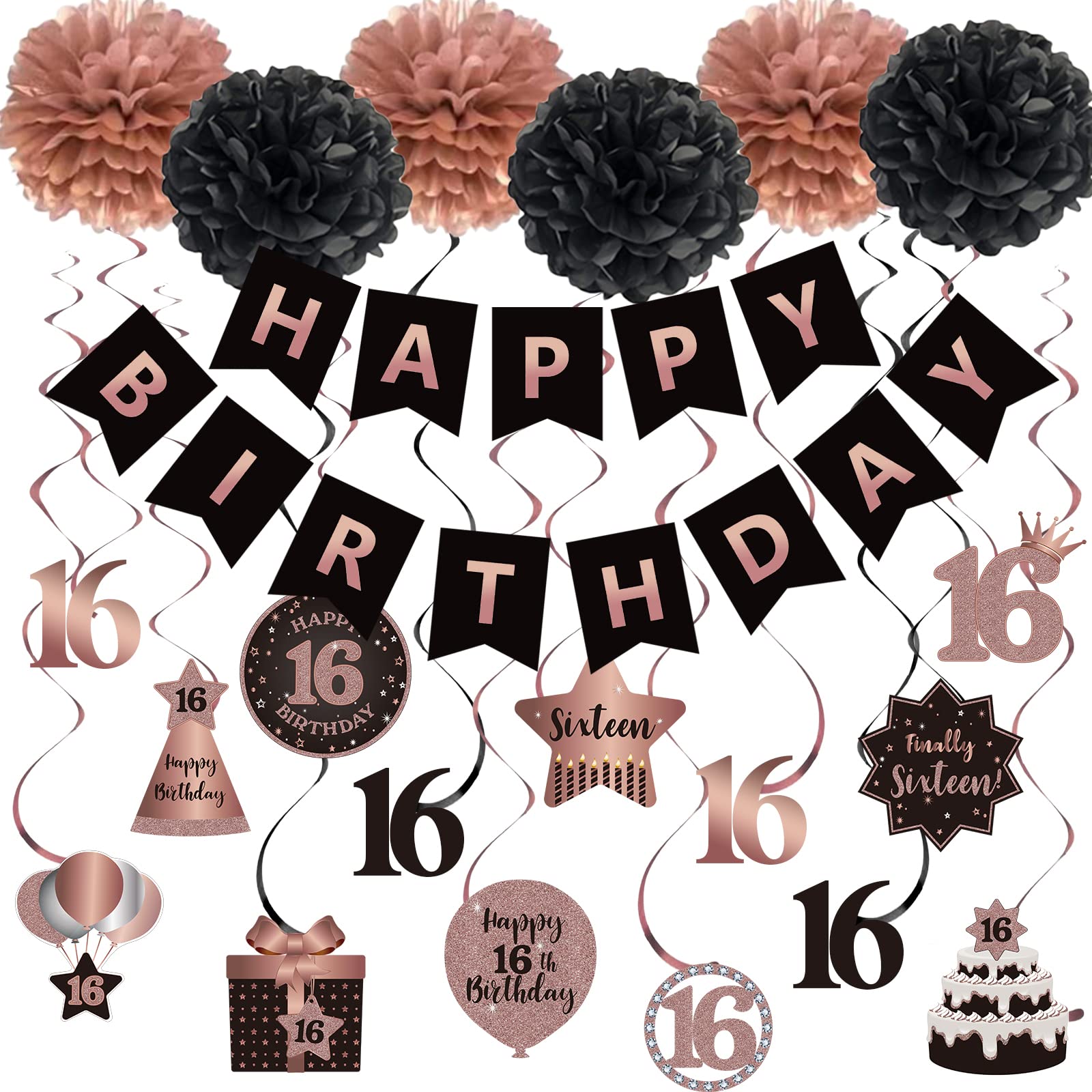 BRT Bearingshui Happy 16th Birthday Hanging Swirls Streamers Decoration, Happy Birthday Banner with Tissue Pompoms, Rose Gold and Black 16 Years Old Birthday Party Hanging Backdrop Decorations