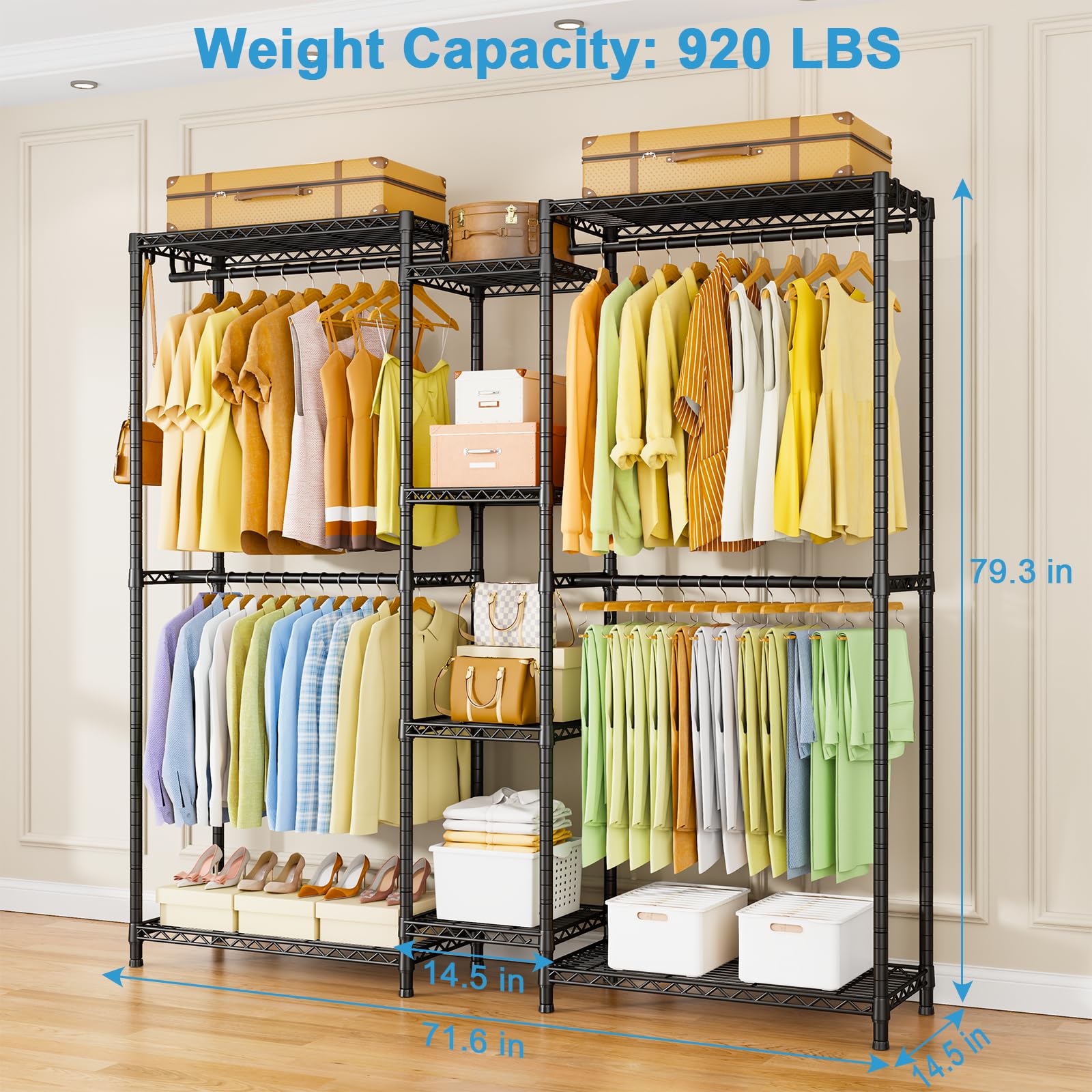 Ulif E4 Clothes Rack, Heavy-Duty Garment Rack, Metal Freestanding Clothing Organization Storage System Can Be L-Shaped with Shelves and Hangers, Max Load 920lbs, 71.6" W x 14.5" D x 79.3" H, Black