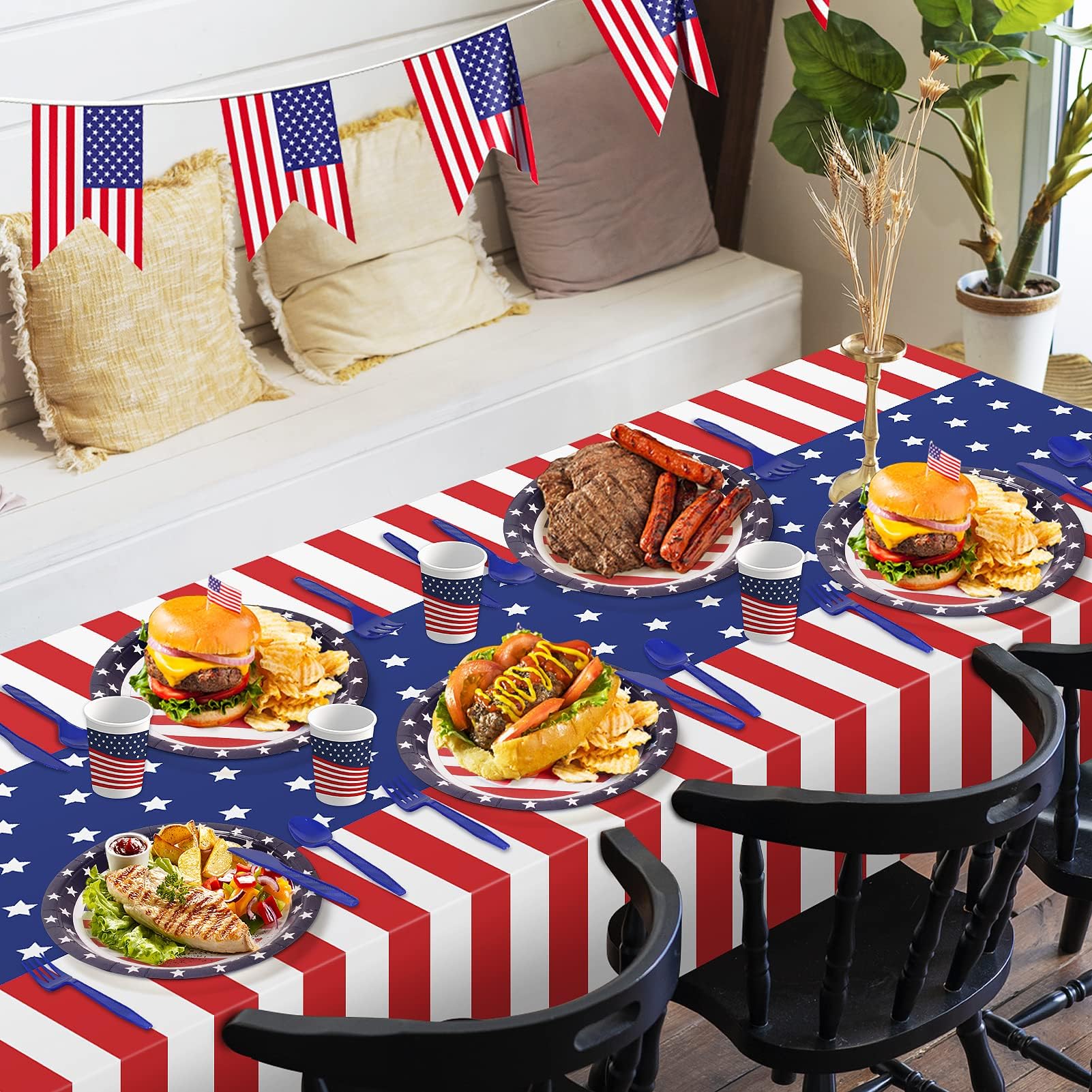 Patriotic Party Supplies,152Pcs American Flag Themed Party Set, Patriotic Party Decorations, American Flag Tablecloths,4th of July Plates Cups, Red White and Blue Decor for Outside, Picnic, Memorial