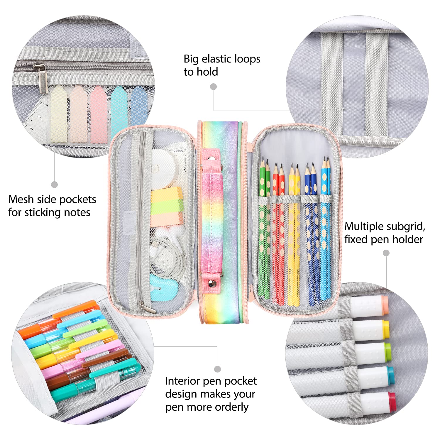 Ayieyill Big Capacity Pencil Case,Large Storage Pencil Pouch Pen Case Bag with Zipper,Cute Pencil Case for School College Student Office Supplies Girls Teen Kids Adult(Rainbow Pink)