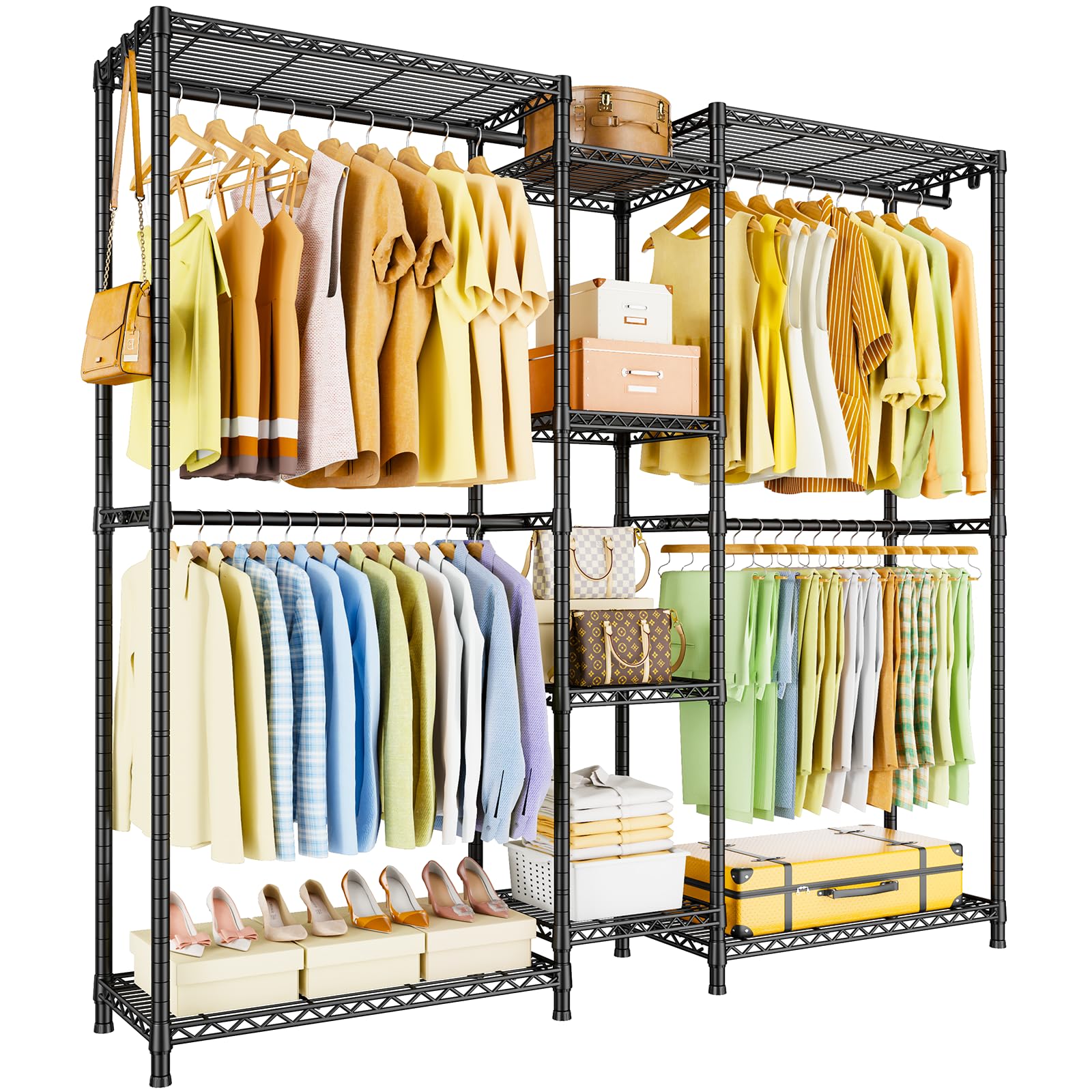 Ulif E4 Clothes Rack, Heavy-Duty Garment Rack, Metal Freestanding Clothing Organization Storage System Can Be L-Shaped with Shelves and Hangers, Max Load 920lbs, 71.6" W x 14.5" D x 79.3" H, Black