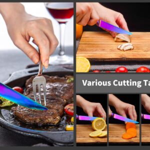 Rainbow Serrated Steak Knife 4 Piece Set, German High Carton Stainless Steel Blade for Home Restaurant