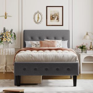 CITYLIGHT Twin Size Upholstered Platform Bed with Headboard and Two Drawers,Linen Wood Twin Bed Frames with Storage for Kids Teens,No Box Spring Needed,Gray